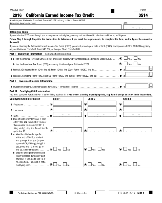 2016 Form 3514 California Earned Income Tax Credit Edit Fill Sign 