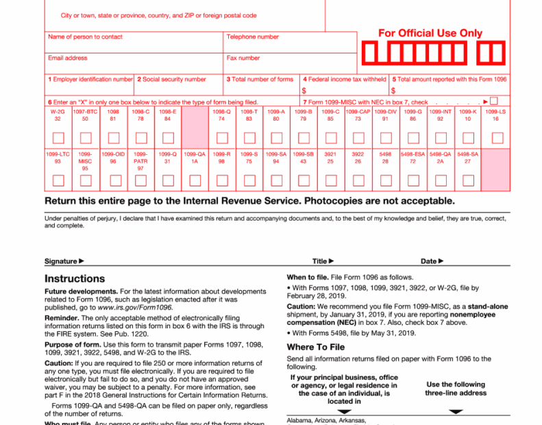 2018 2019 IRS Form 1096 Editable Online Blank In PDF Printable Form 2021