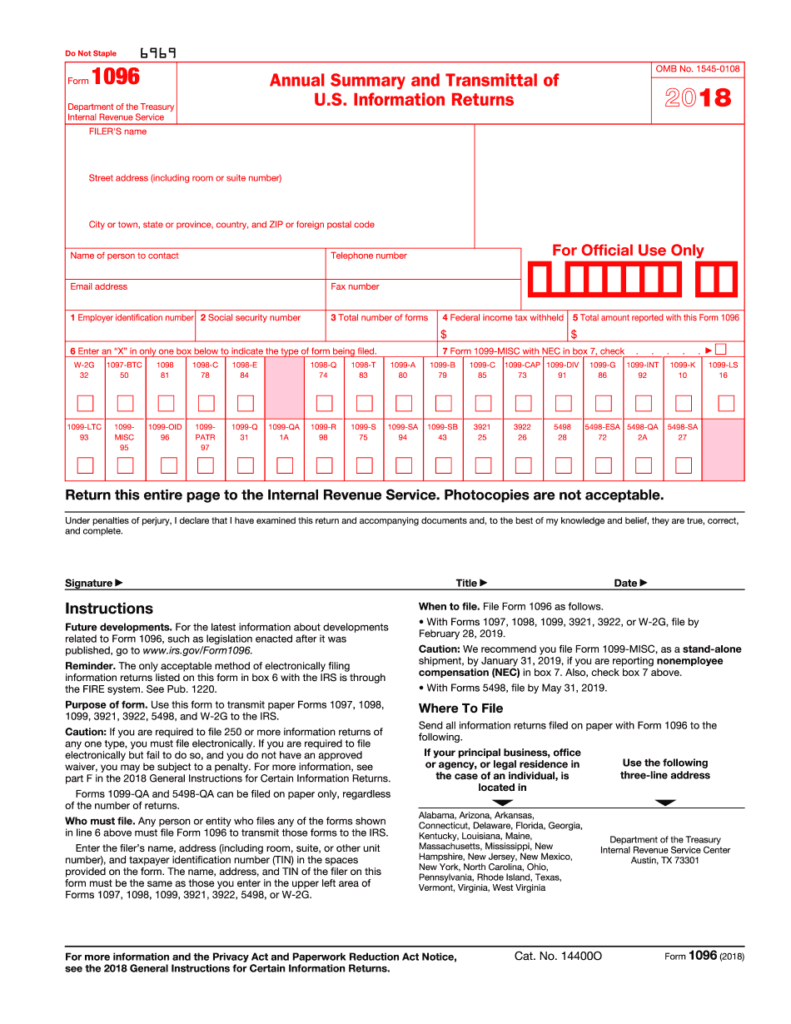 2018 2019 IRS Form 1096 Editable Online Blank In PDF Printable Form 2021