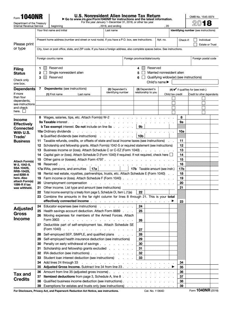 2018 Form IRS 1040 NR Fill Online Printable Fillable 2021 Tax Forms 