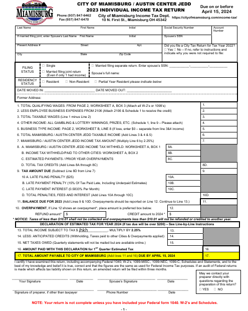 2023 City Of Miamisburg Ohio Individual Income Tax Return Fill Out