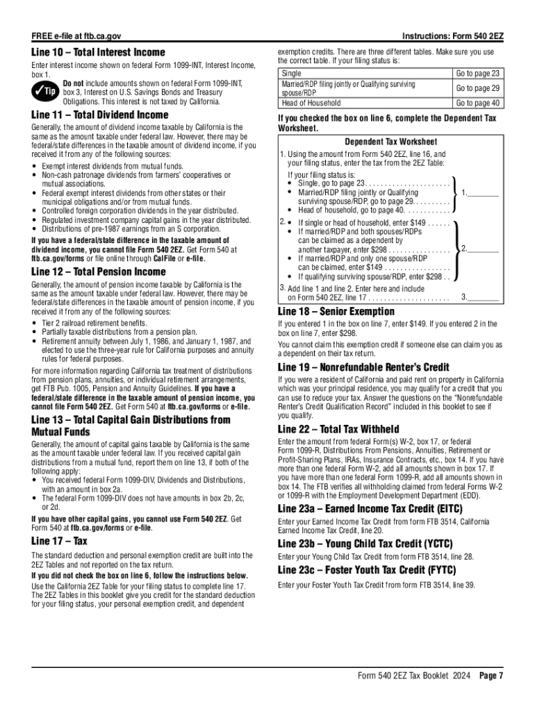 2024 Forms And Instructions 540 2EZ California Resident Income Tax 
