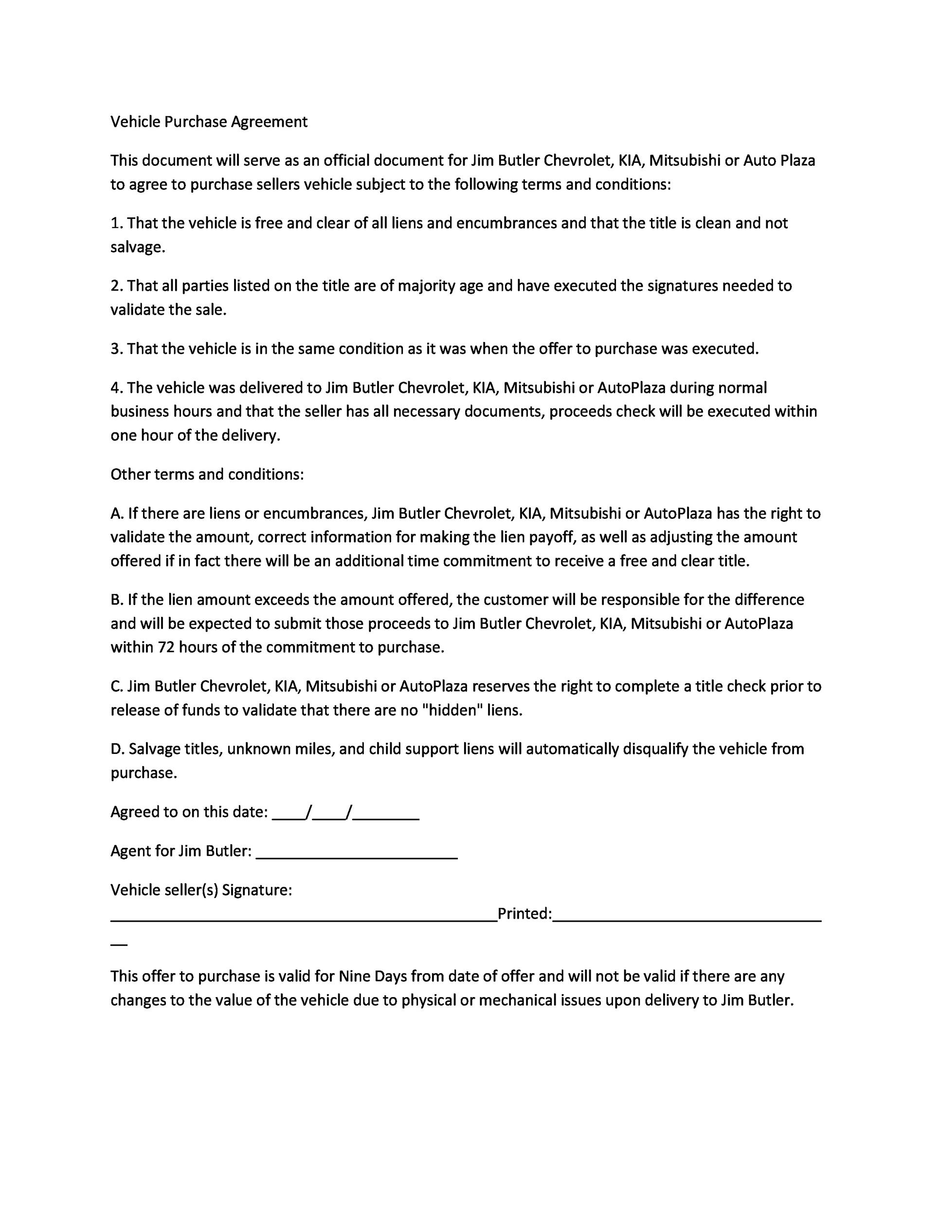 42 Printable Vehicle Purchase Agreement Templates Word PDF 