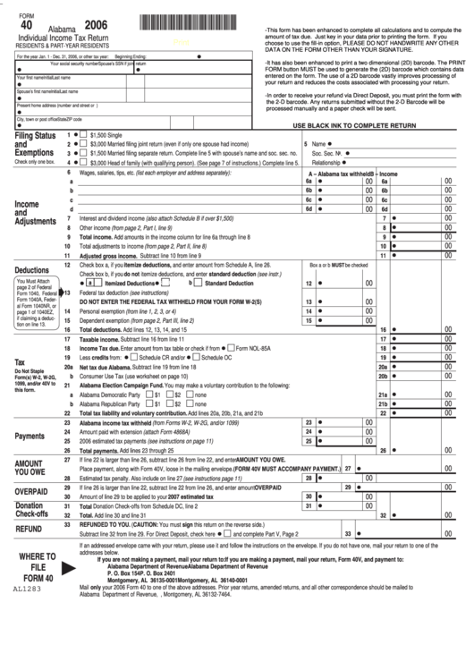 Alabama Individual Income Tax Return Form 40 Fillable Printable Forms 