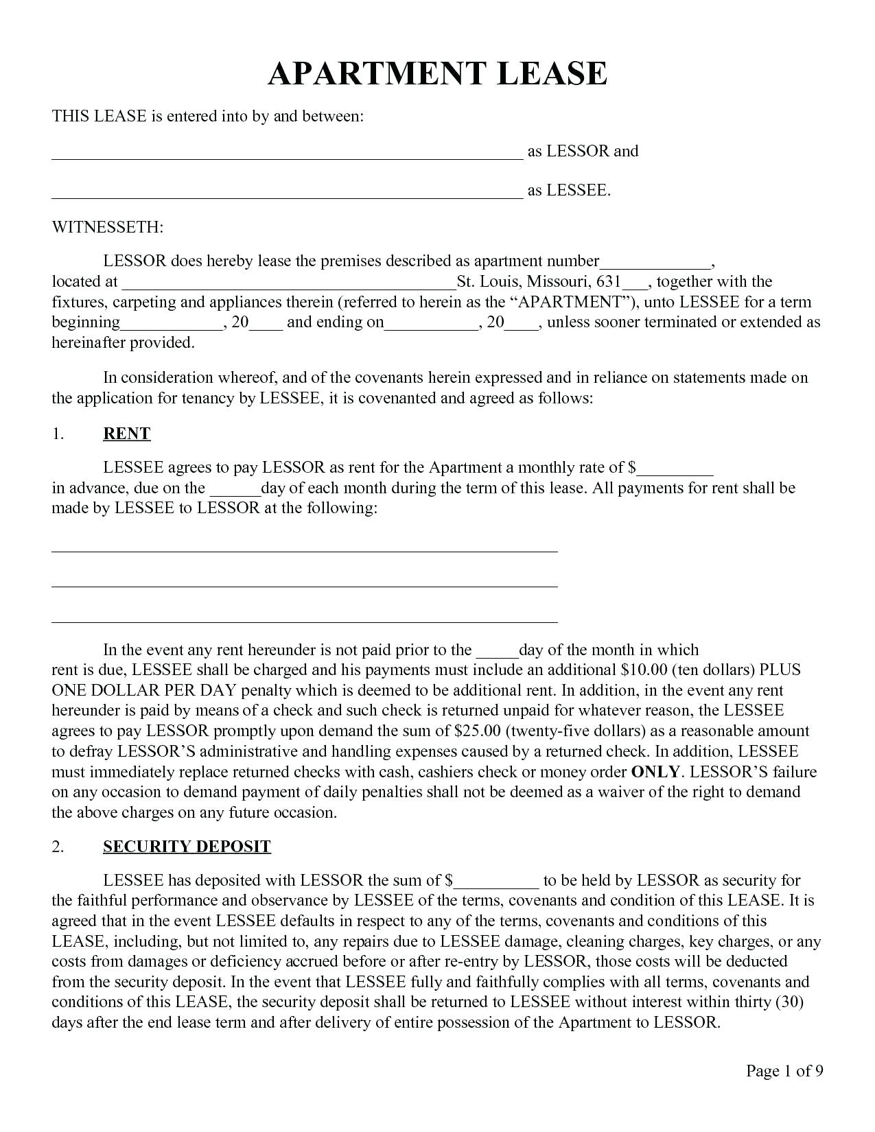 Apartment Lease Agreement Free Printable Free Printable