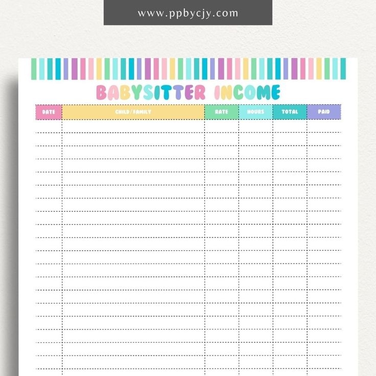 Babysitter Income Tracker Printable Childcare Earnings Organizer 