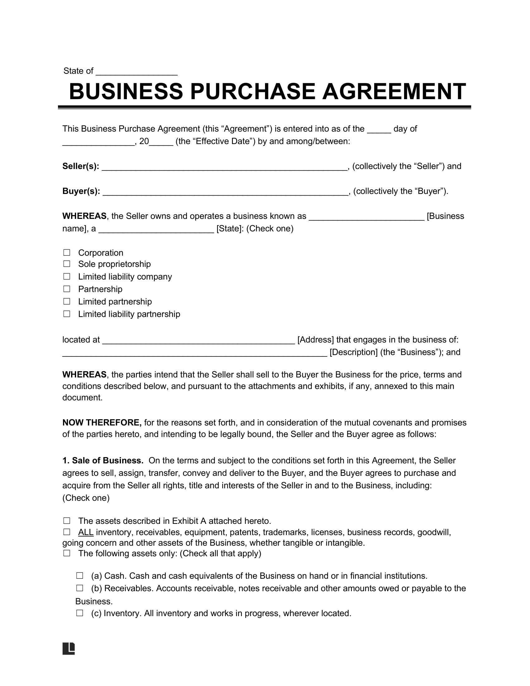 Business Purchase Agreement Template Fill Out Online Print
