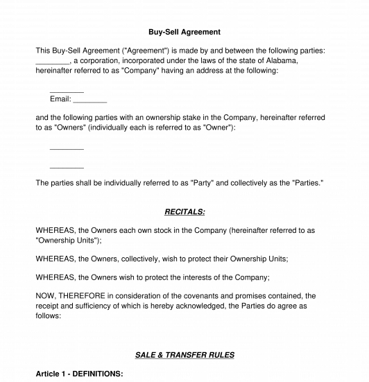 Buy Sell Agreement Sample Template Word PDF