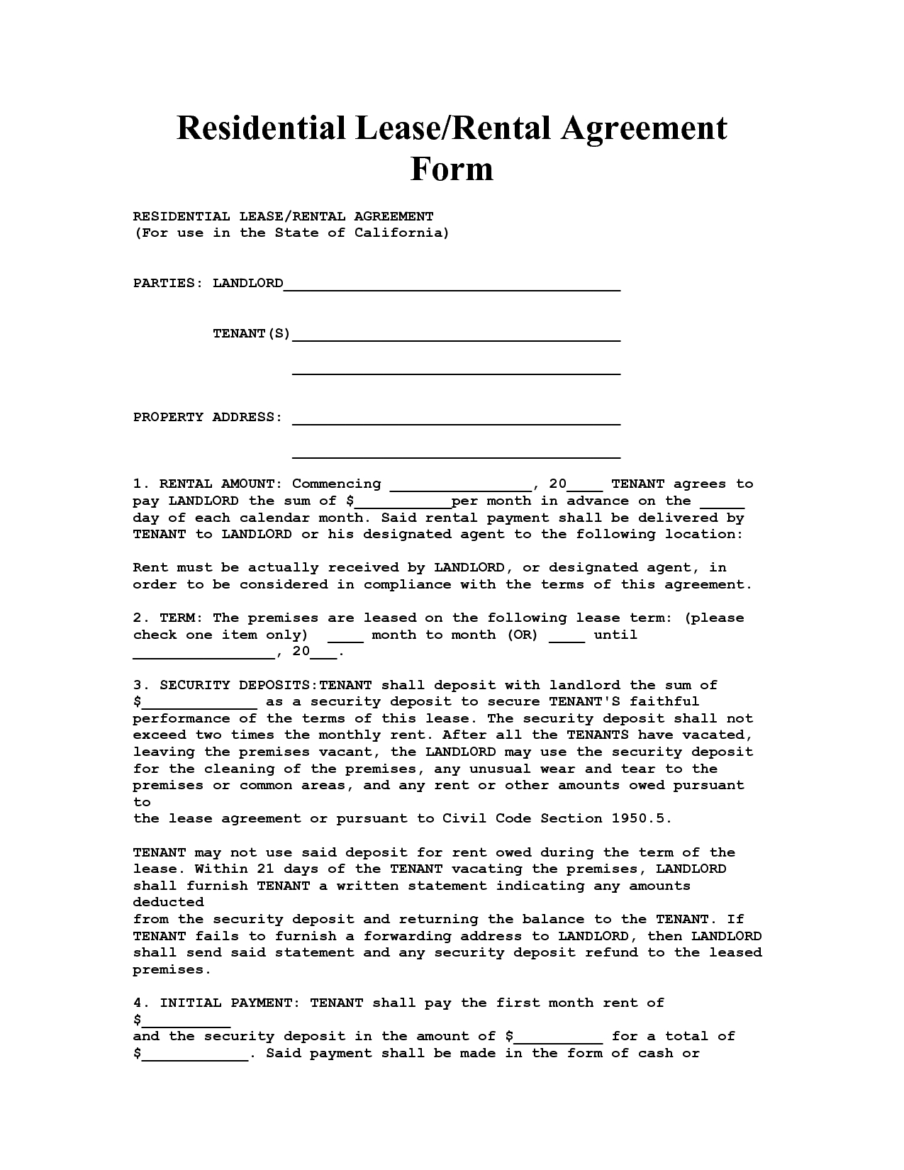 California House Lease Agreement Form Property Rentals Direct Free 