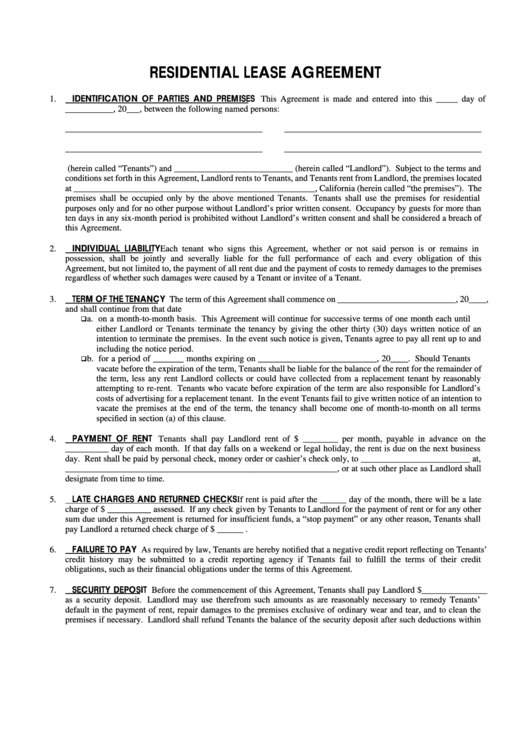 California Residential Lease Agreement Fillable Fill Free Printable 