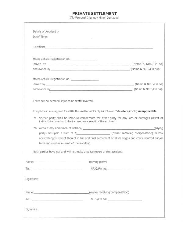 Car Damage Payment Printable Car Accident Settlement Agreement Form 