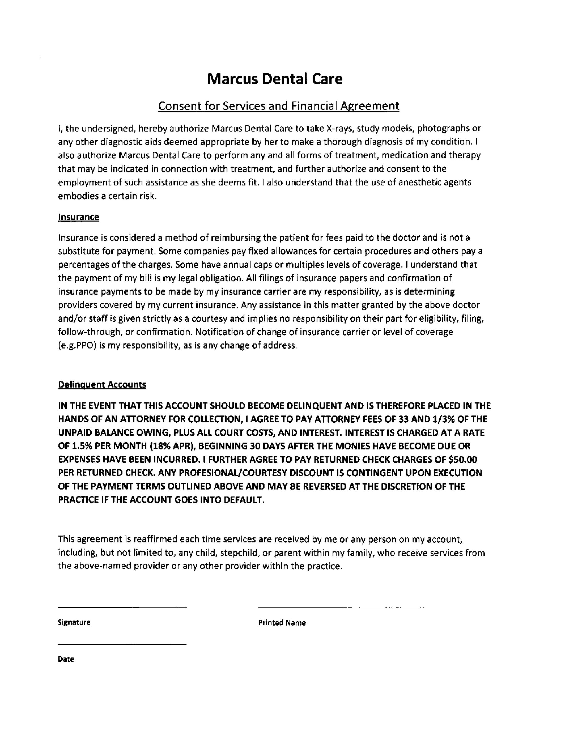 Consent for services and financial agreement Marcus Dental Care