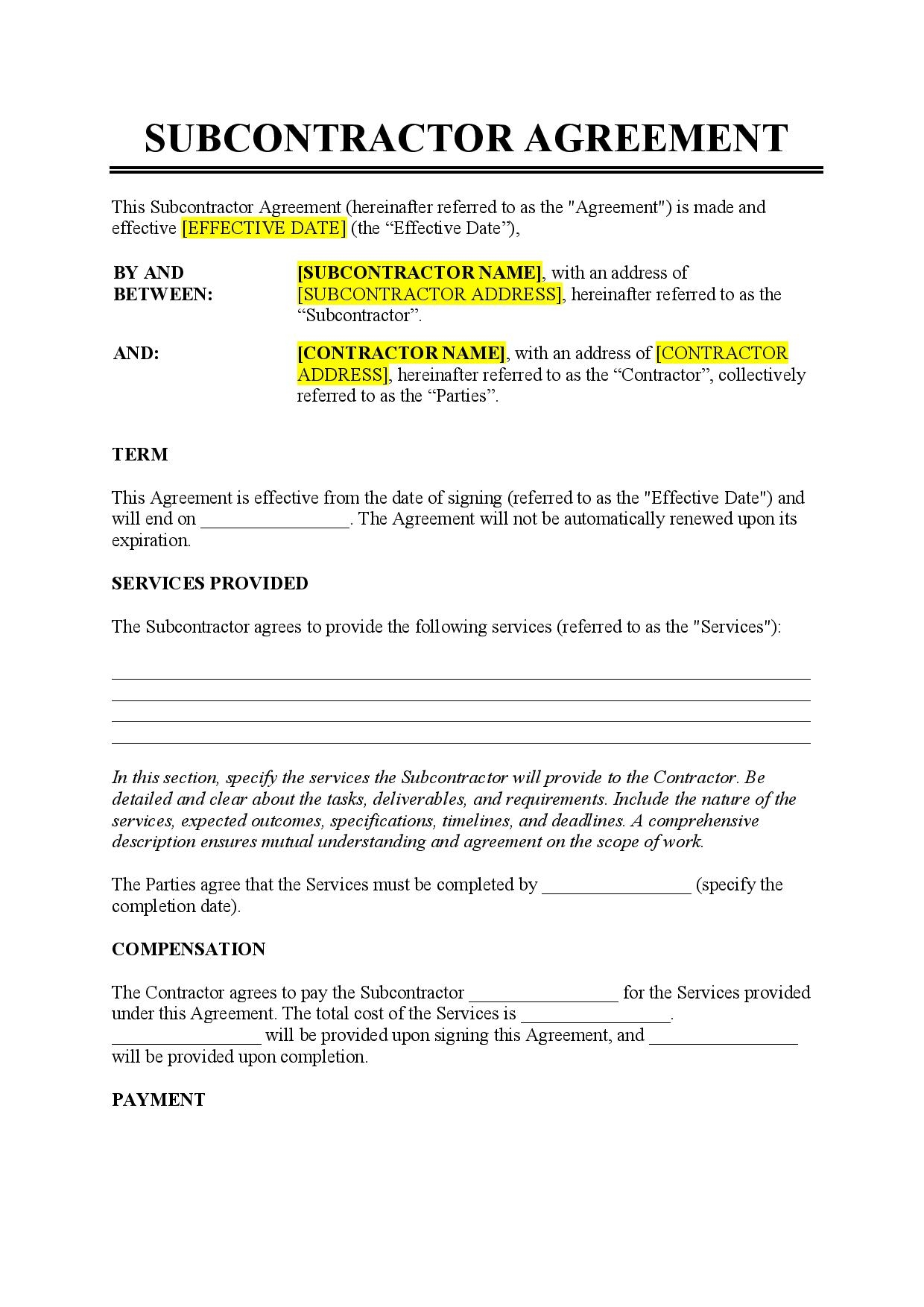 Construction Free Printable Subcontractor Agreement Free Printable