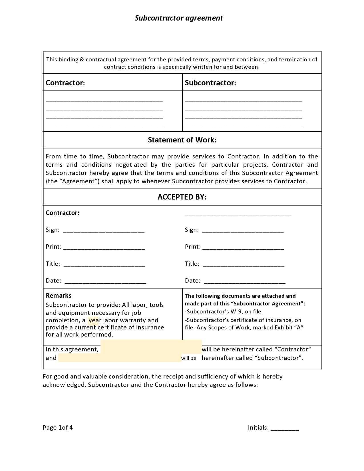 Construction Free Printable Subcontractor Agreement FREE Printables