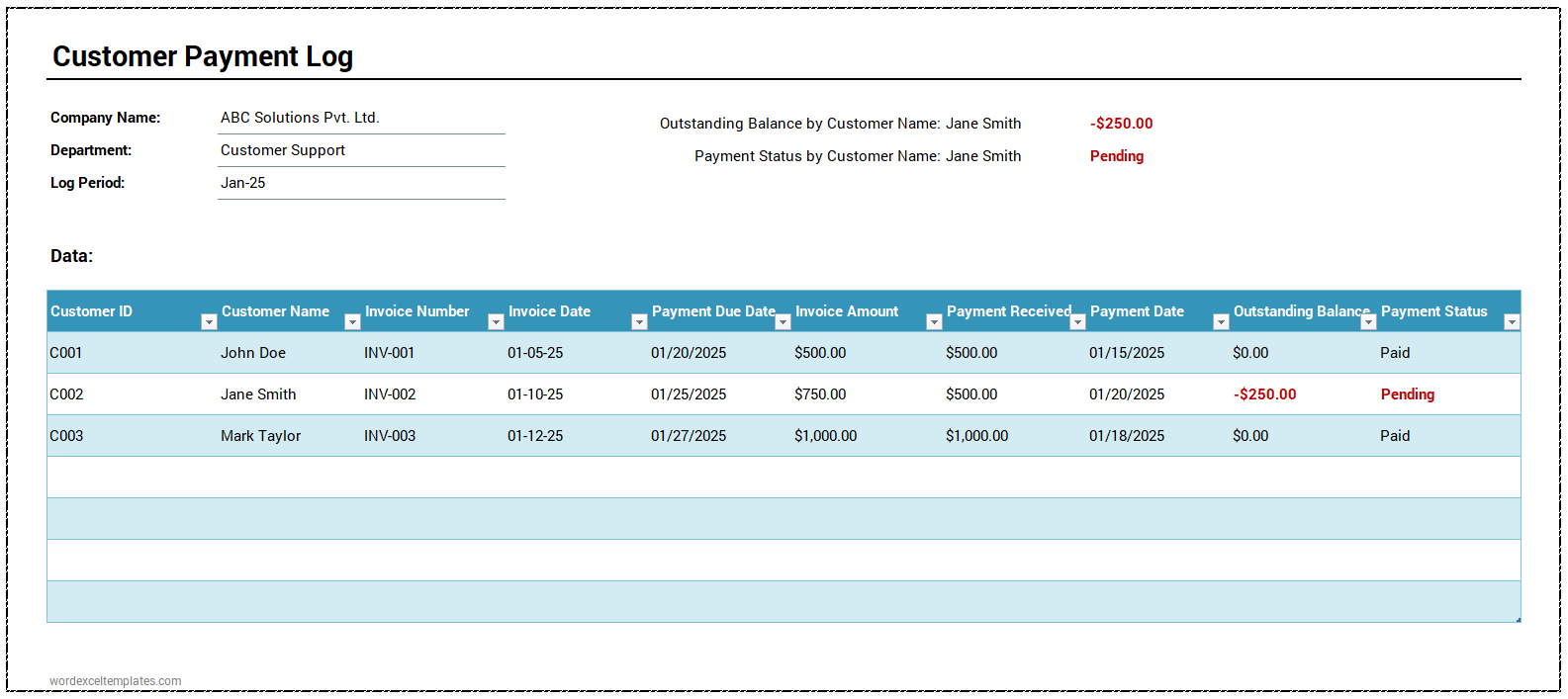 Customer Payment Log Template For Excel Download Save File
