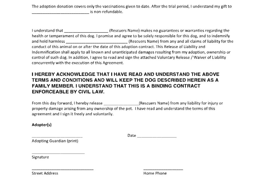Dog Adoption Agreement Printable Blank Pet Adoption Forms Printable