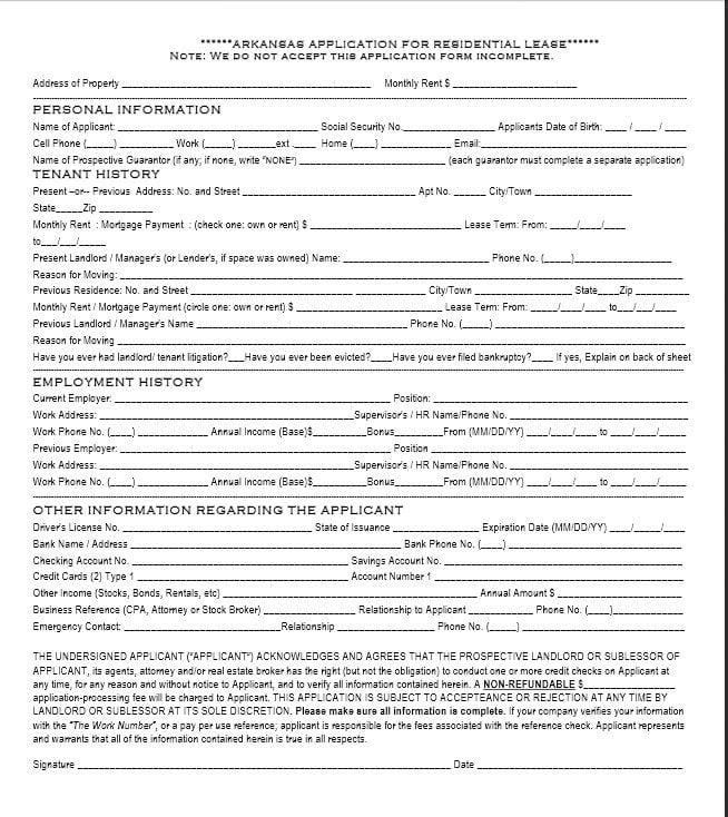 Download Free Arkansas Rental Application Template Printable Lease 
