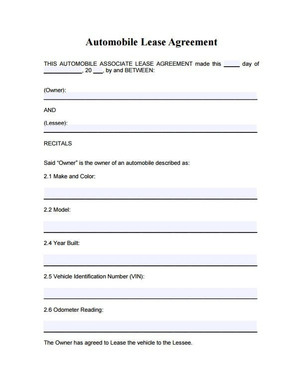 Download Free Automobile Lease Agreement Printable Lease Agreement