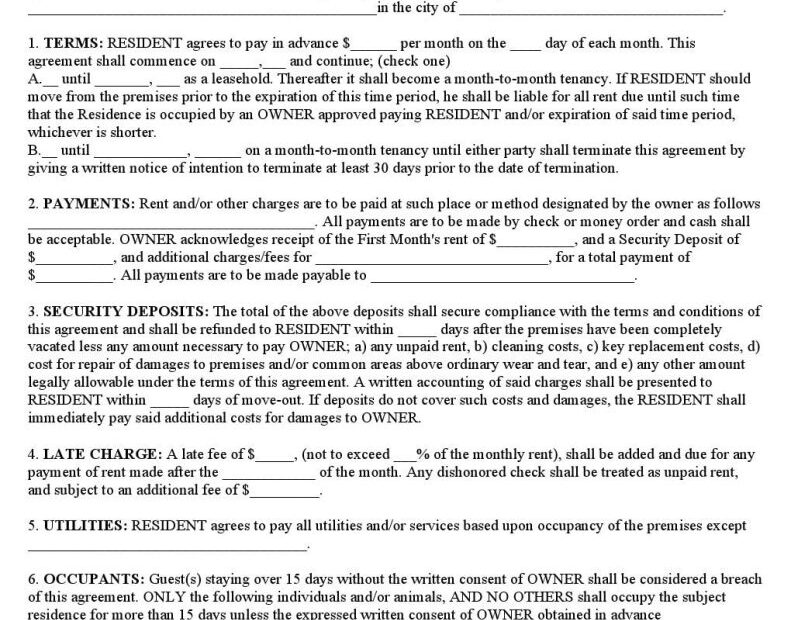 Download Free Basic Rental Agreement Or Residential Lease Printable