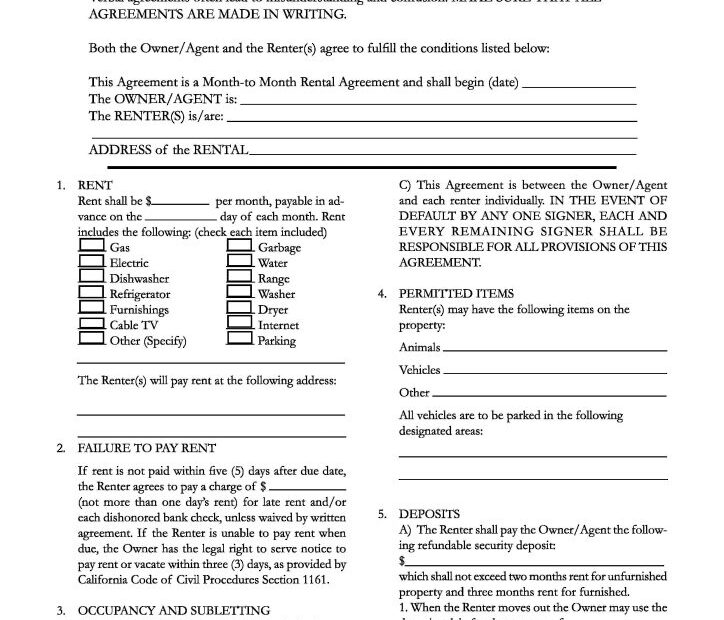 Download Free California Month To Month Rental Agreement Printable