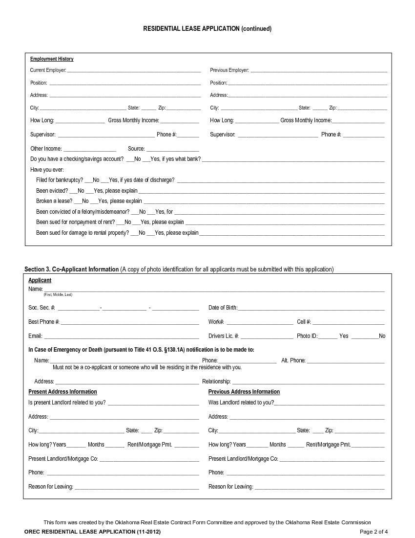 Download Free Oklahoma Residential Lease Application Printable Lease 
