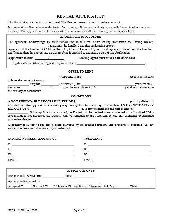 Download Free Virginia Rental Application Form Printable Lease Agreement