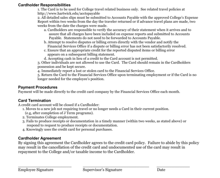 Employee Credit Card Agreement Template Word Uk Hartwick With Regard To