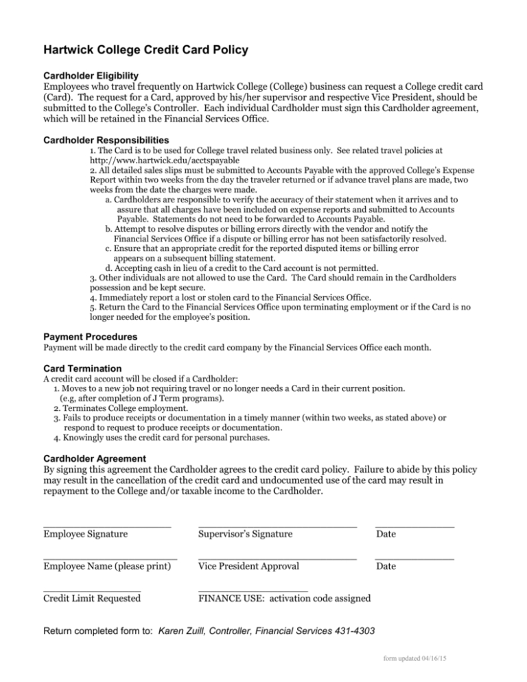 Employee Credit Card Agreement Template Word Uk Hartwick With Regard To 