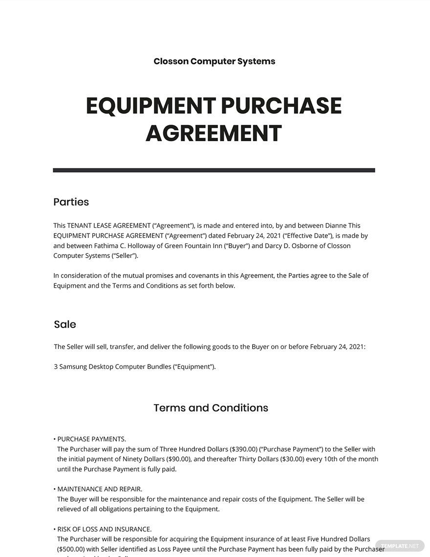 Equipment Purchase Agreement Template Google Docs Word Apple Pages 