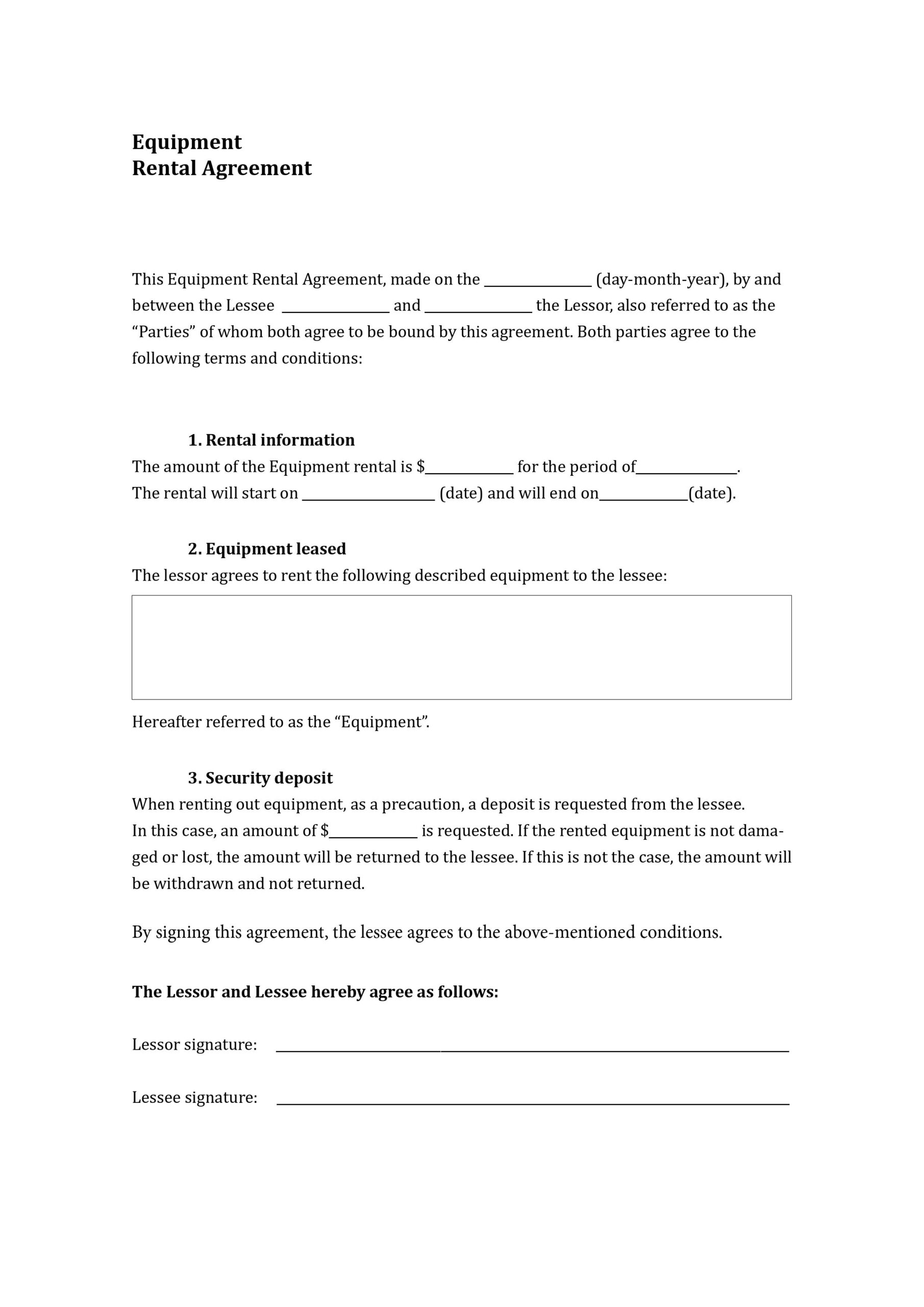 Equipment Rental Agreement Template