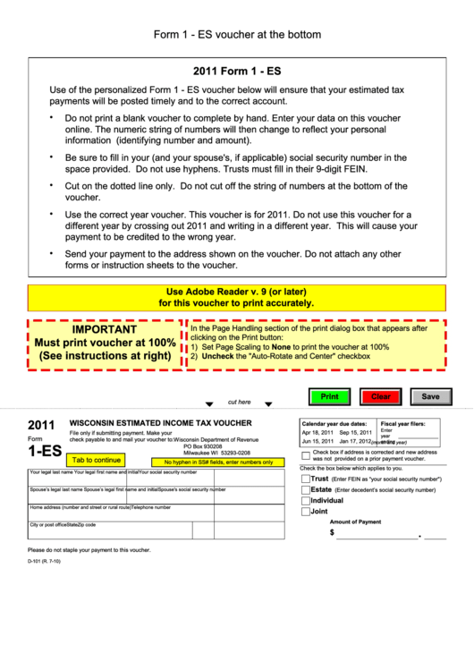 Fillable Form 1 Es Wisconsin Estimated Income Tax Voucher 2011 