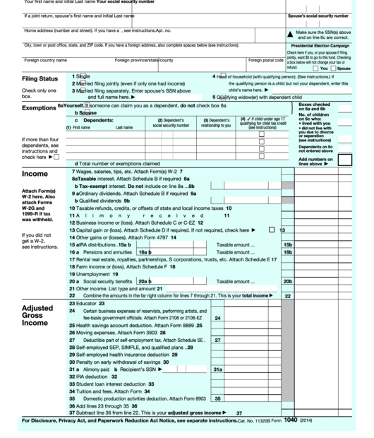 Fillable Form 1040 U s Individual Income Tax Return 2014 Printable