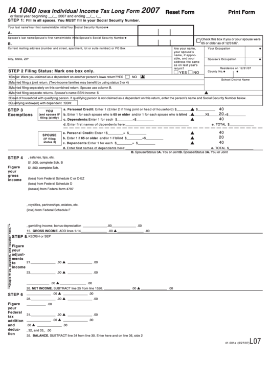 Fillable Form Ia 1040 Iowa Individual Income Tax Long 2021 Tax Forms 