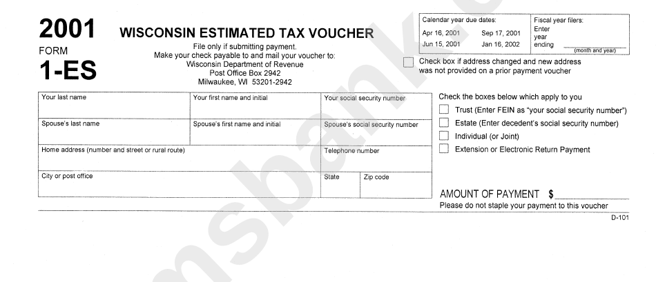 Form 1 Es Wisconsin Estimated Tax Voucher 2001 Printable Pdf Download