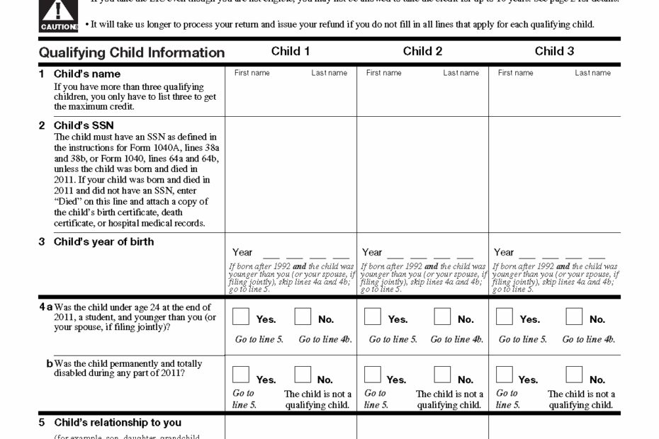 Form 1040 Schedule EIC Earned Income Credit 1040 Form Printable