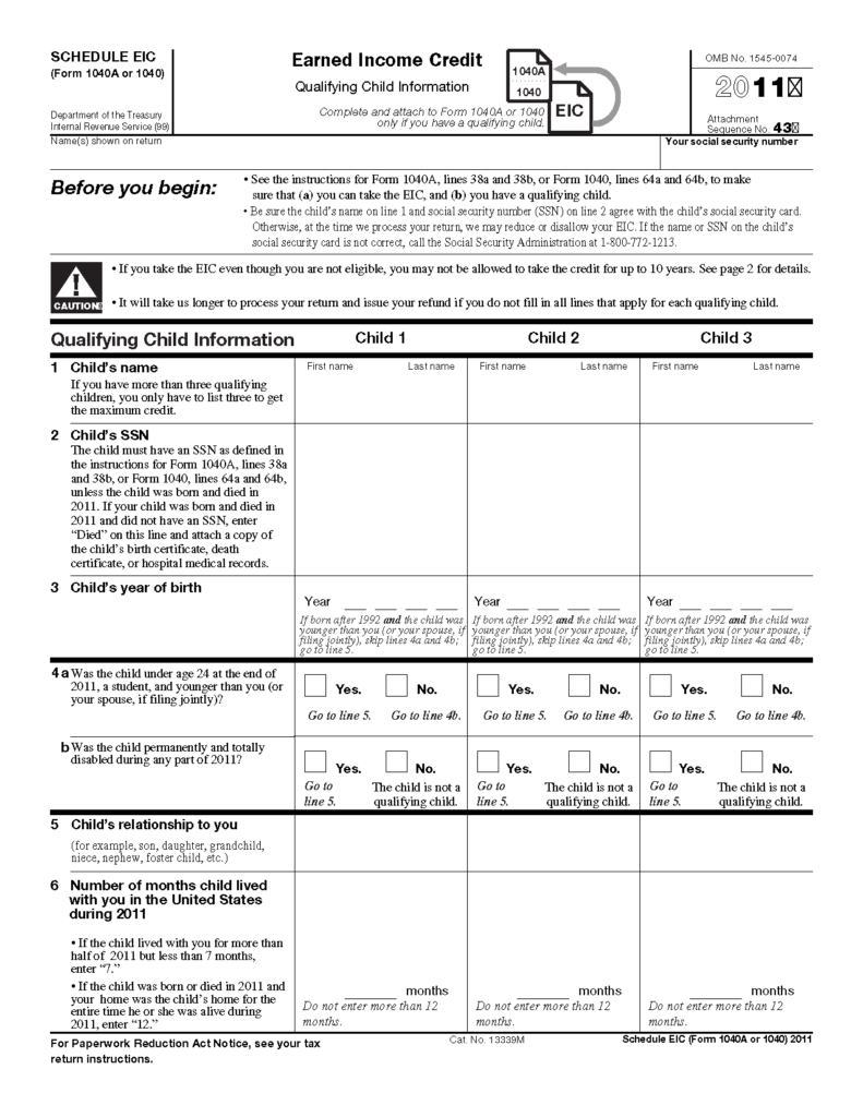 Form 1040 Schedule EIC Earned Income Credit 1040 Form Printable