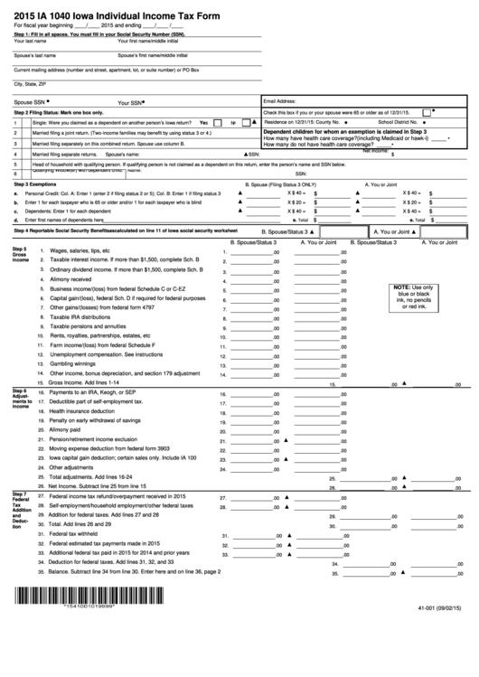 Form Ia 1040 Iowa Individual Income Tax Form 2015 Printable Pdf 