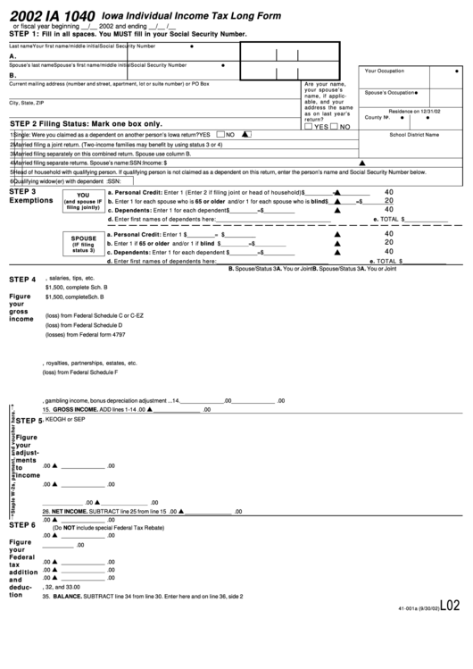 Form Ia 1040 Iowa Individual Income Tax Long Form 2002 Printable 