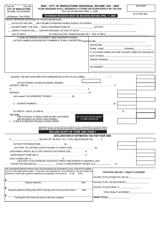 Form Ir City Of Middletown Individual Income Tax 2005 Printable Pdf 
