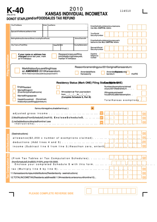 Form K 40 Kansas Individual Income Tax And or Food Sales Tax Refund 