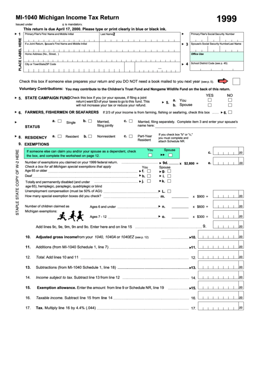 Form Mi 1040 Michigan Income Tax Return 1999 Printable Pdf Download
