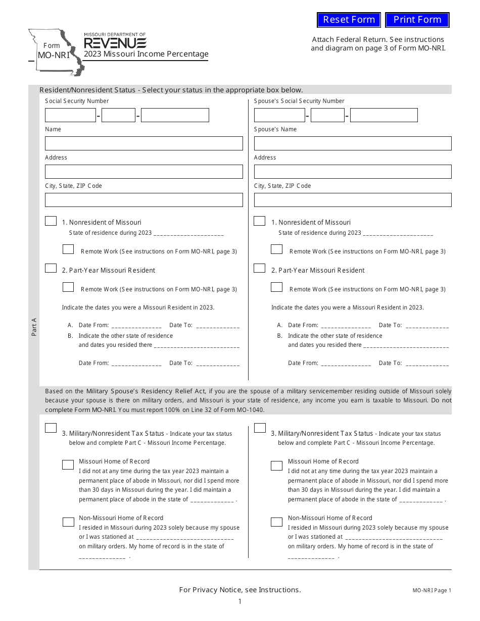 Form MO NRI Download Fillable PDF Or Fill Online Missouri Income 