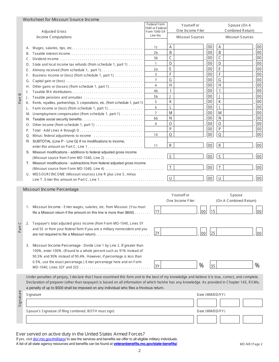 Form MO NRI Download Fillable PDF Or Fill Online Missouri Income 