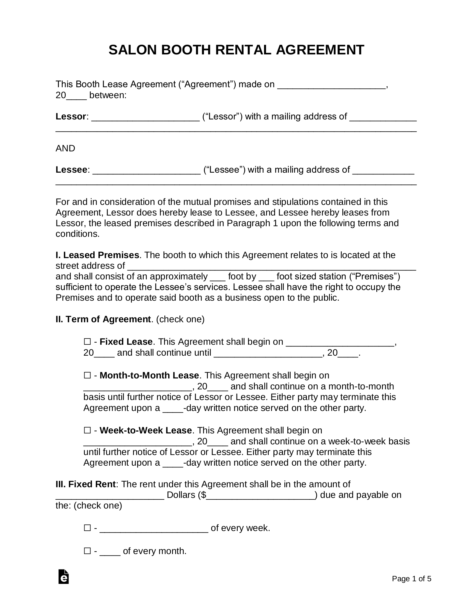 Free Booth Salon Rental Lease Agreement PDF Word EForms