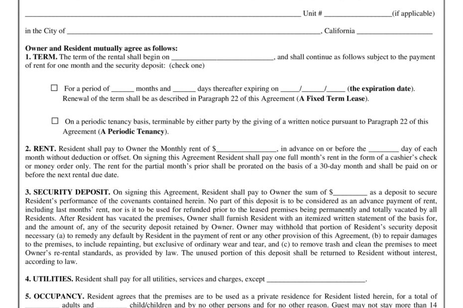 Free California Rental Lease Agreement PDF DOCX Template