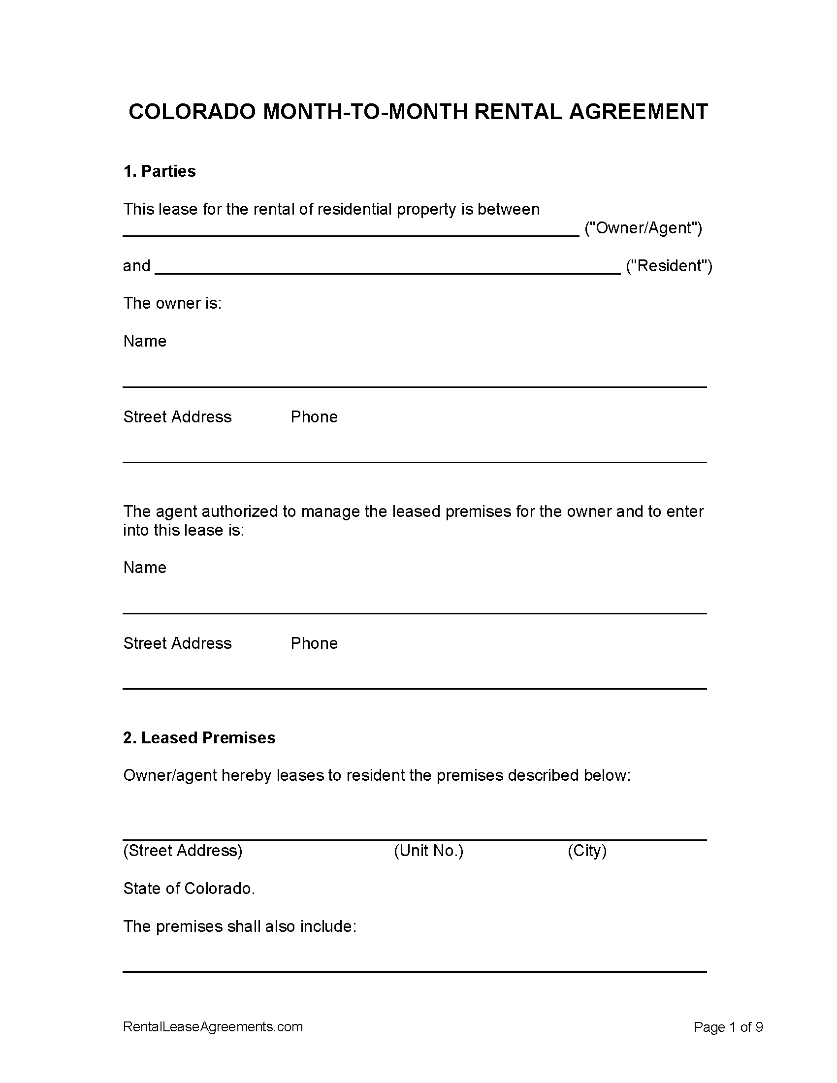 Free Colorado Month to Month Lease Agreement PDF MS Word