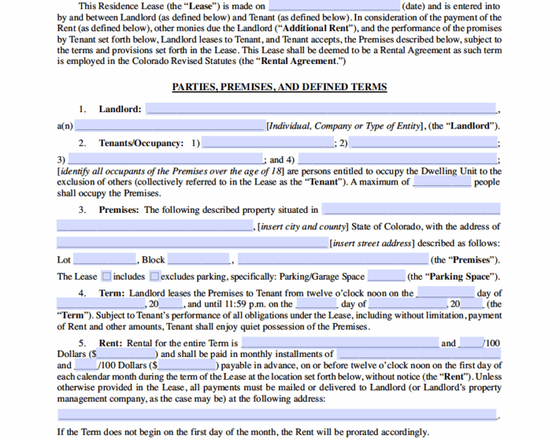 Free Colorado Standard Residential Lease Agreement Template PDF WORD