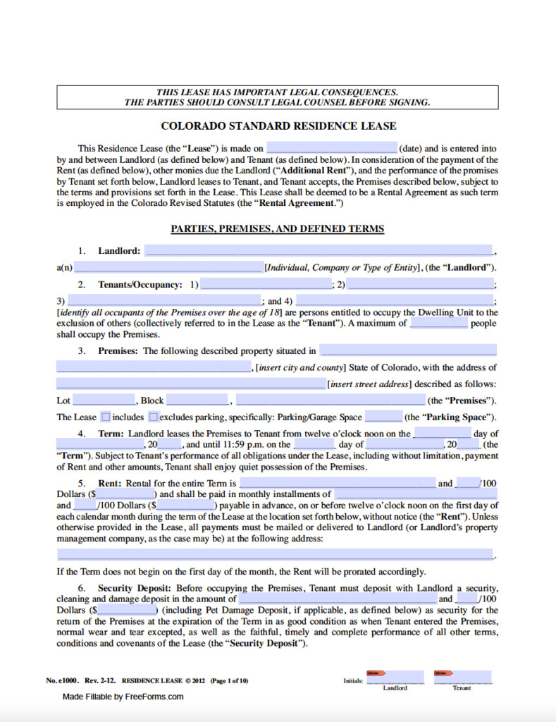 Free Colorado Standard Residential Lease Agreement Template PDF WORD 