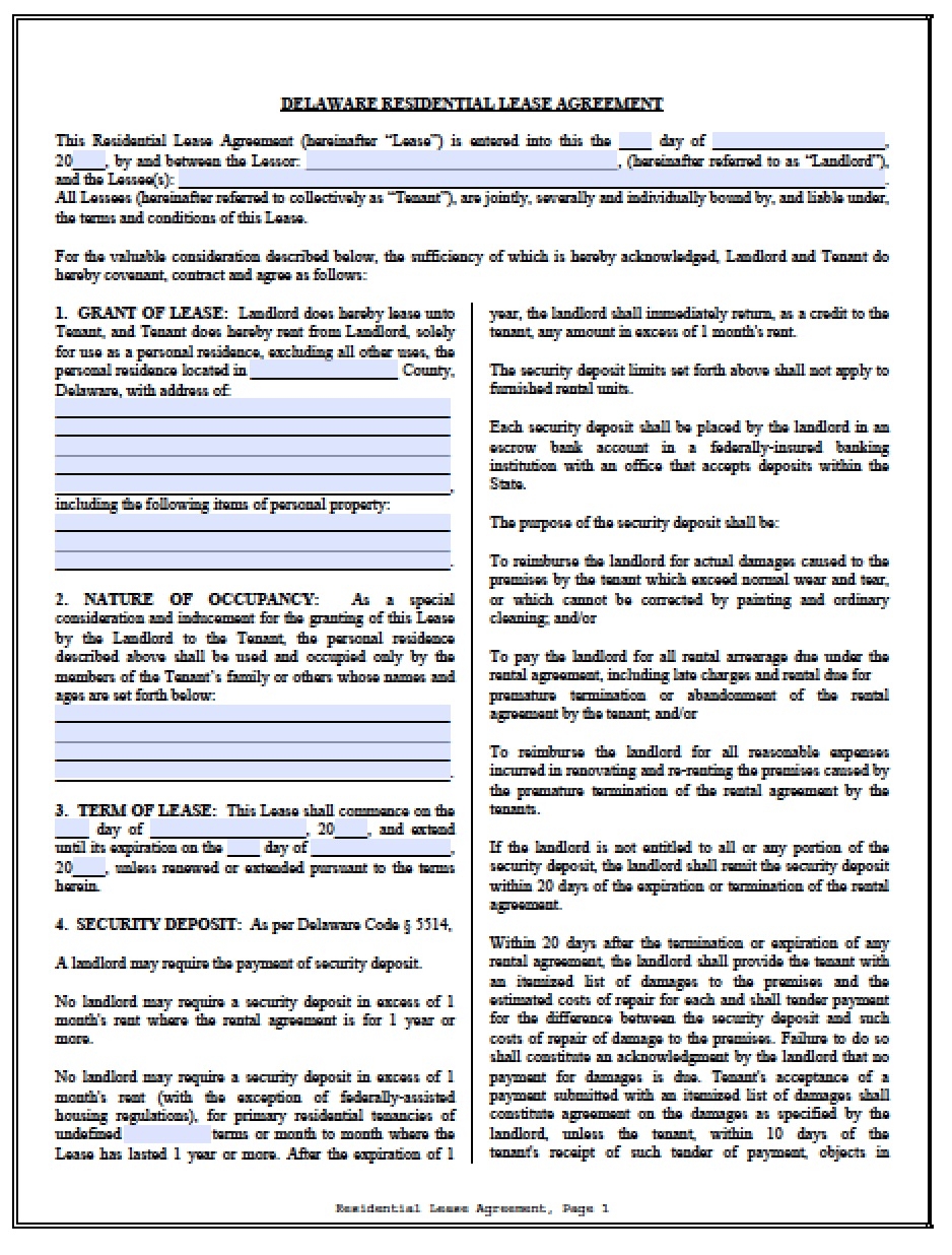 Free Delaware Standard Residential Lease Agreement Template PDF Word
