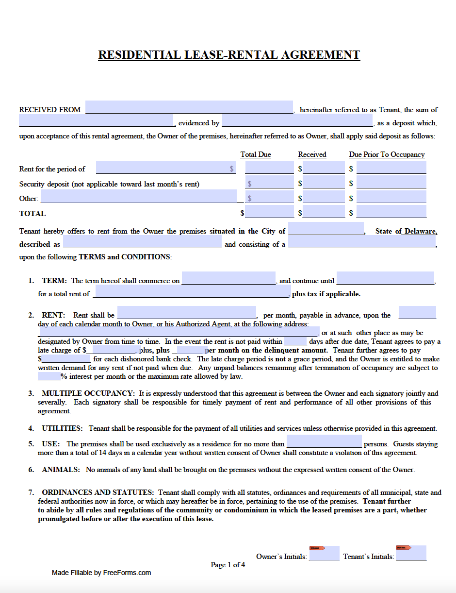 Free Delaware Standard Residential Lease Agreement Template PDF WORD 